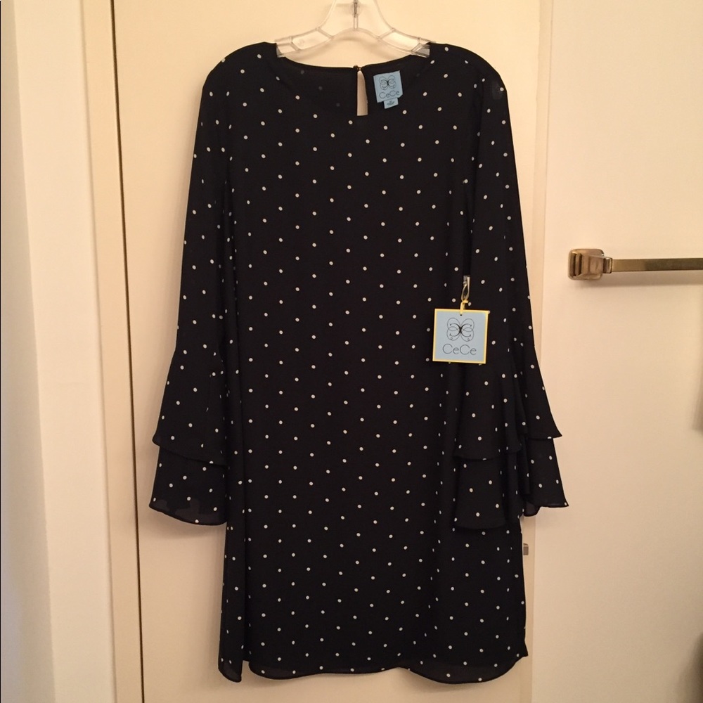 CeCe Black Polka Dot Ruffle Cuffs Dress Size 10